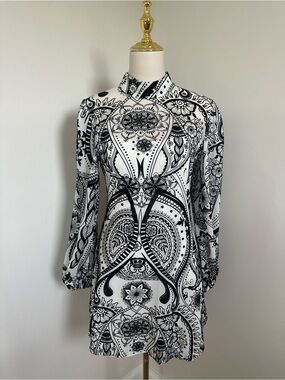 Sweet Generis Black & White Flocked Paisley Mini Dress